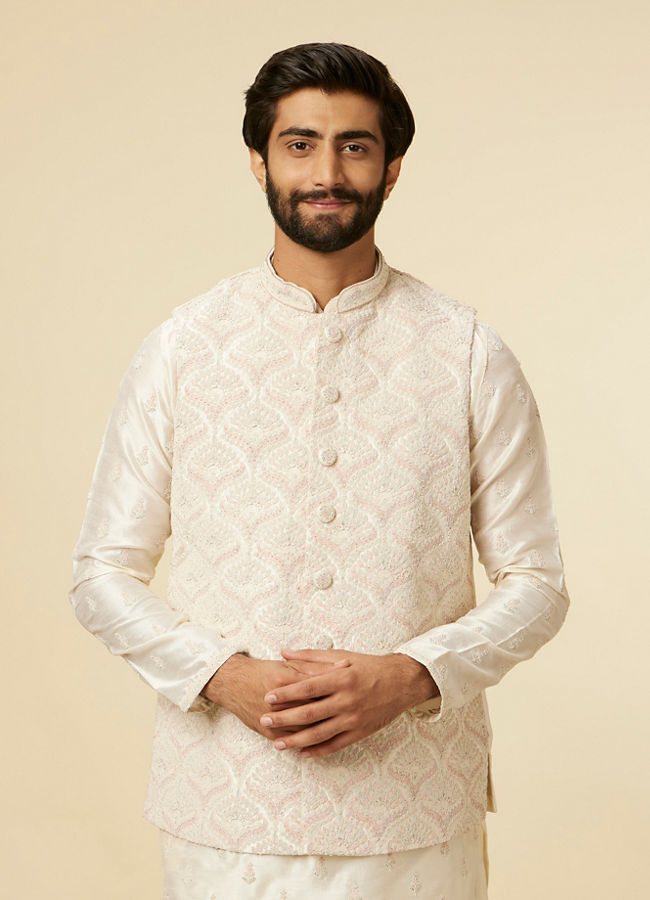 alt message - Manyavar Men Warm White Medallion Printed Jacket set image number 0